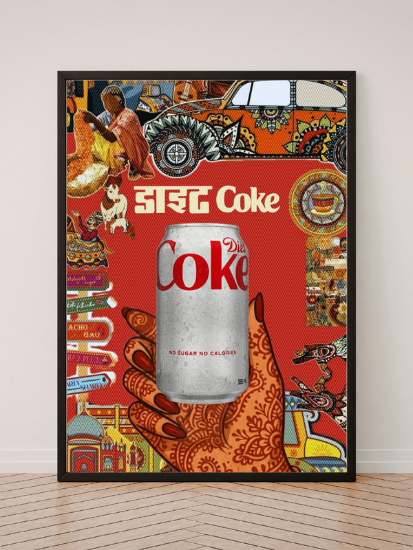 Diet Coke Indian Collage Poster | Desi Mixed Media Art for Kitchen