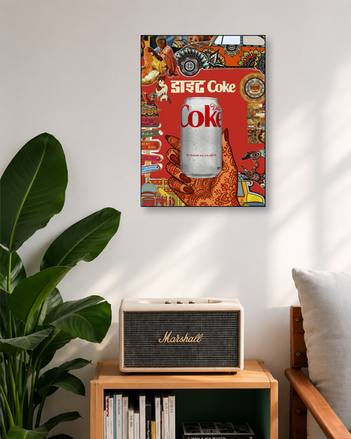 Diet Coke Indian Collage Poster | Desi Mixed Media Art for Kitchen