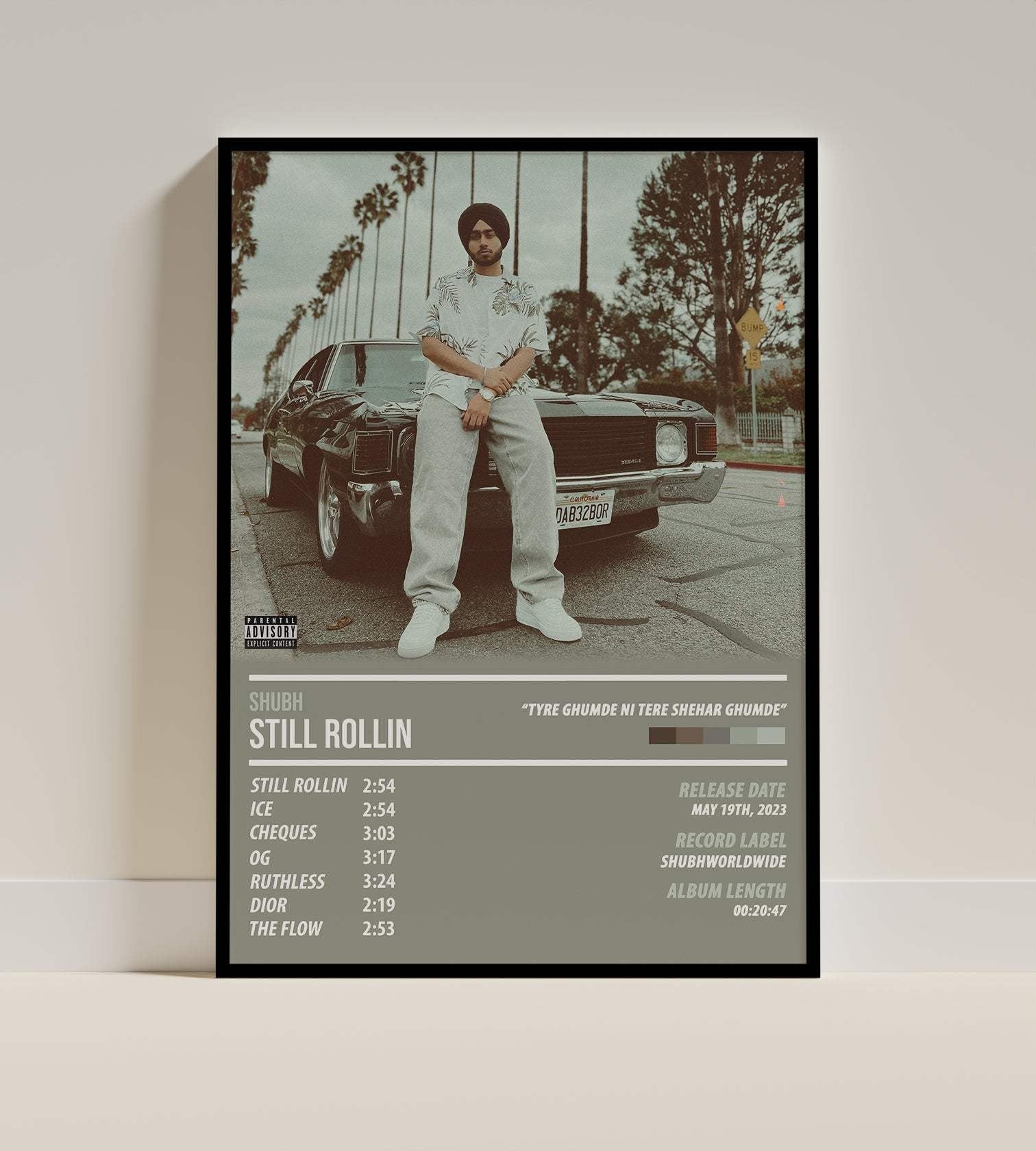 Shubh Still Rollin Poster | Vintage Car & Punjabi Music Wall Art