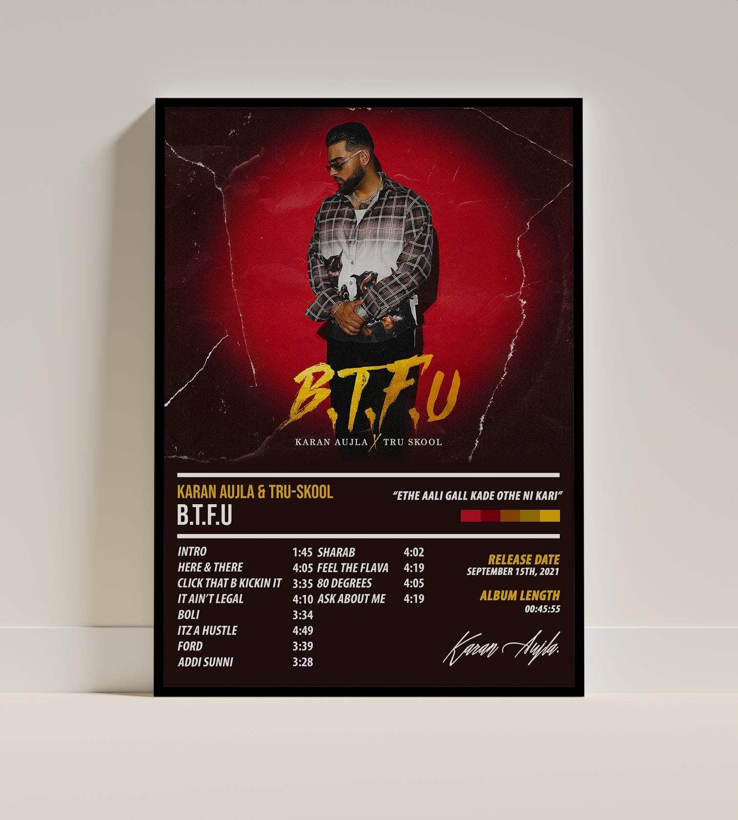 Karan Aujla B.T.F.U. Tracklist Poster | Punjabi Hip-Hop Wall Art for Room
