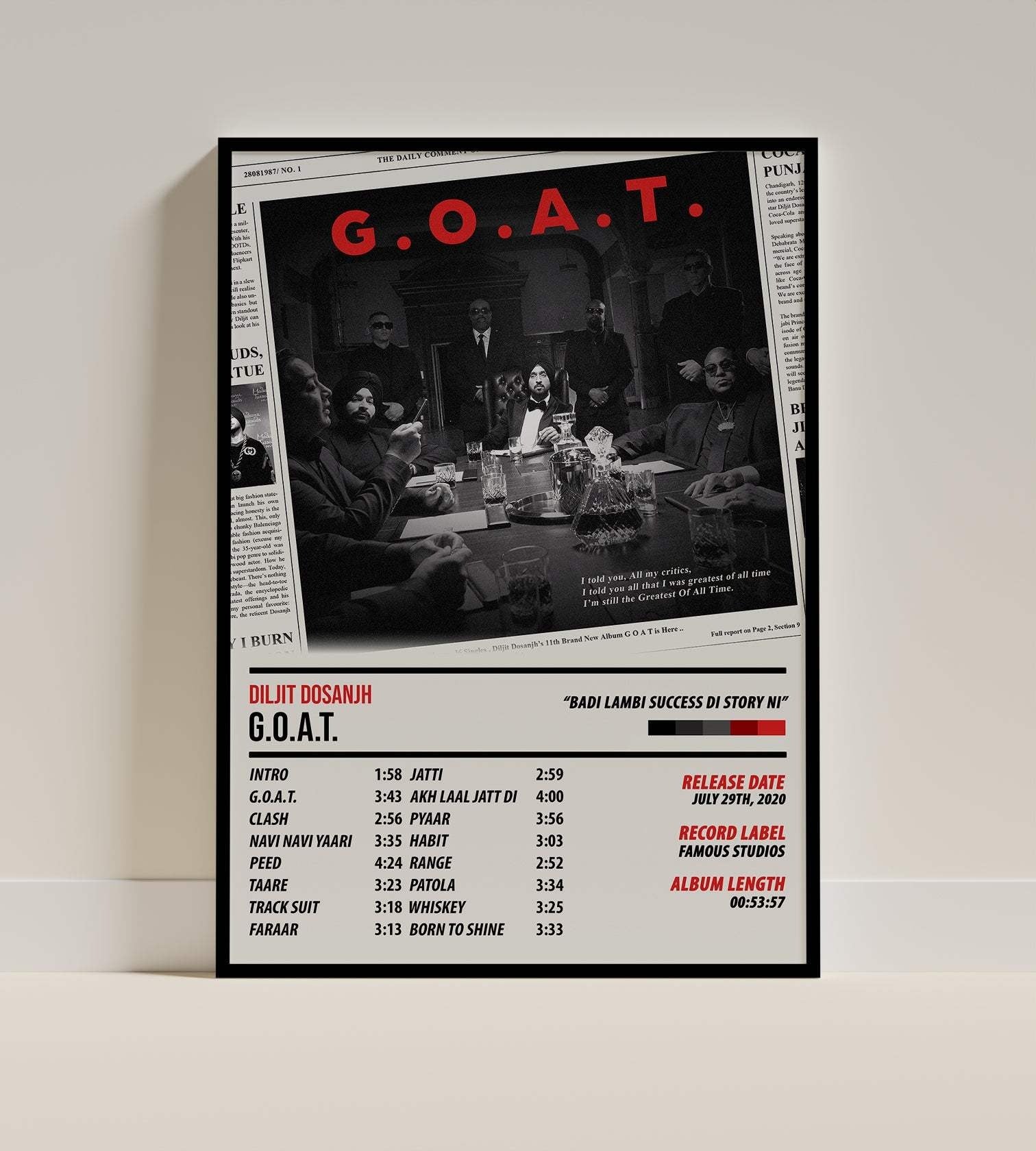 Diljit Dosanjh G.O.A.T. Poster | Vintage Newspaper Music Wall Art