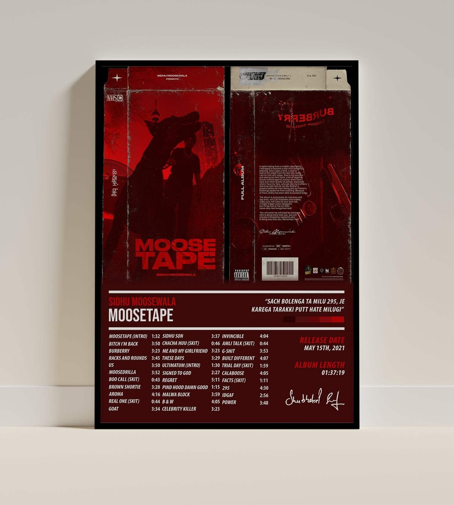Sidhu Moosewala Moosetape Tracklist Poster | Punjabi Music Wall Art for Room