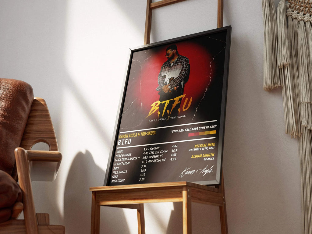 Karan Aujla B.T.F.U. Tracklist Poster | Punjabi Hip-Hop Wall Art for Room