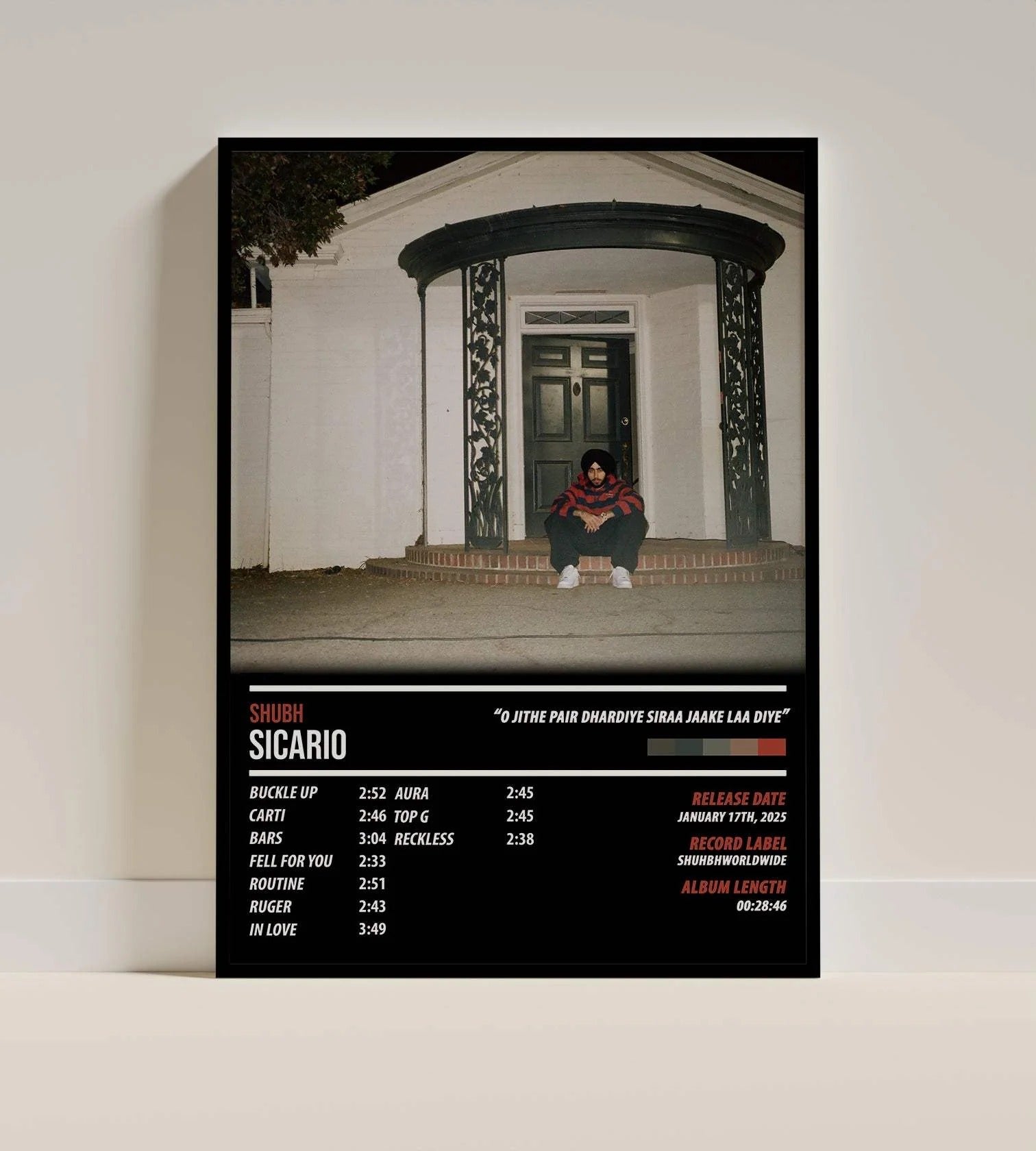 Shubh Sicario Tracklist Poster | Aesthetic Punjabi Music Wall Art for Room