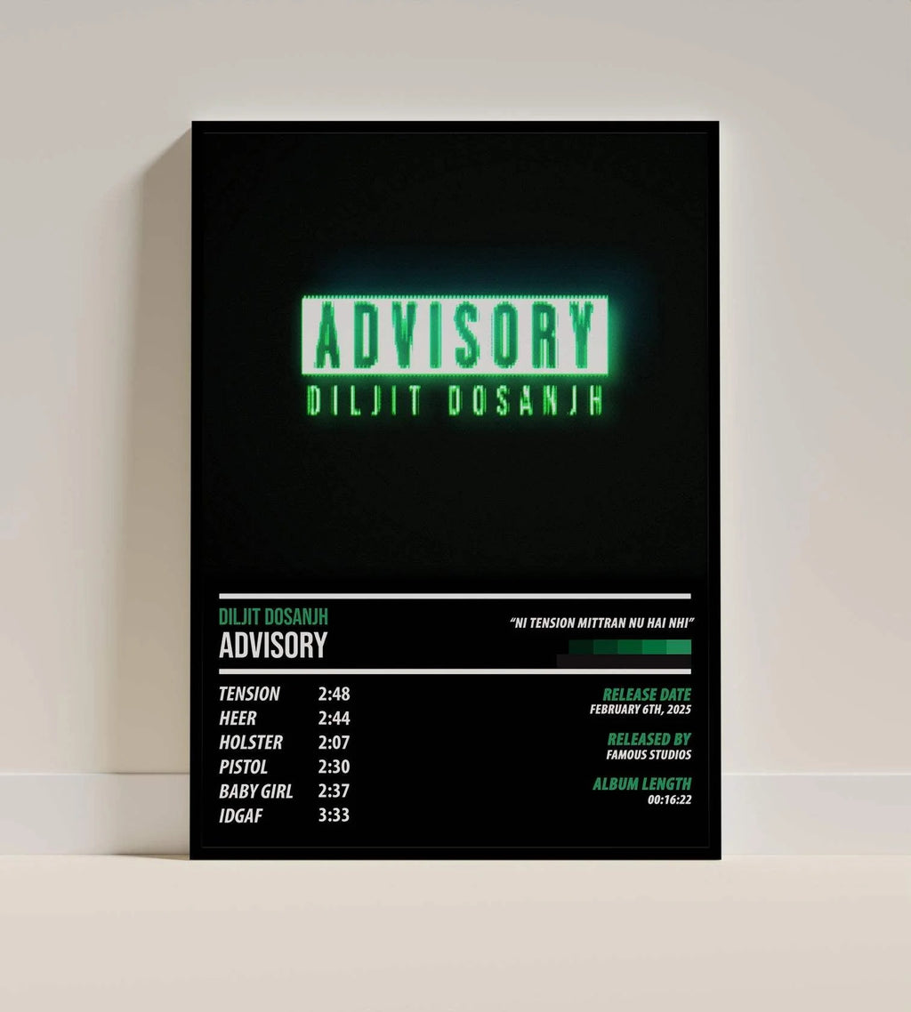 Diljit Dosanjh Advisory Tracklist Poster | Cyberpunk Neon Wall Art for Room