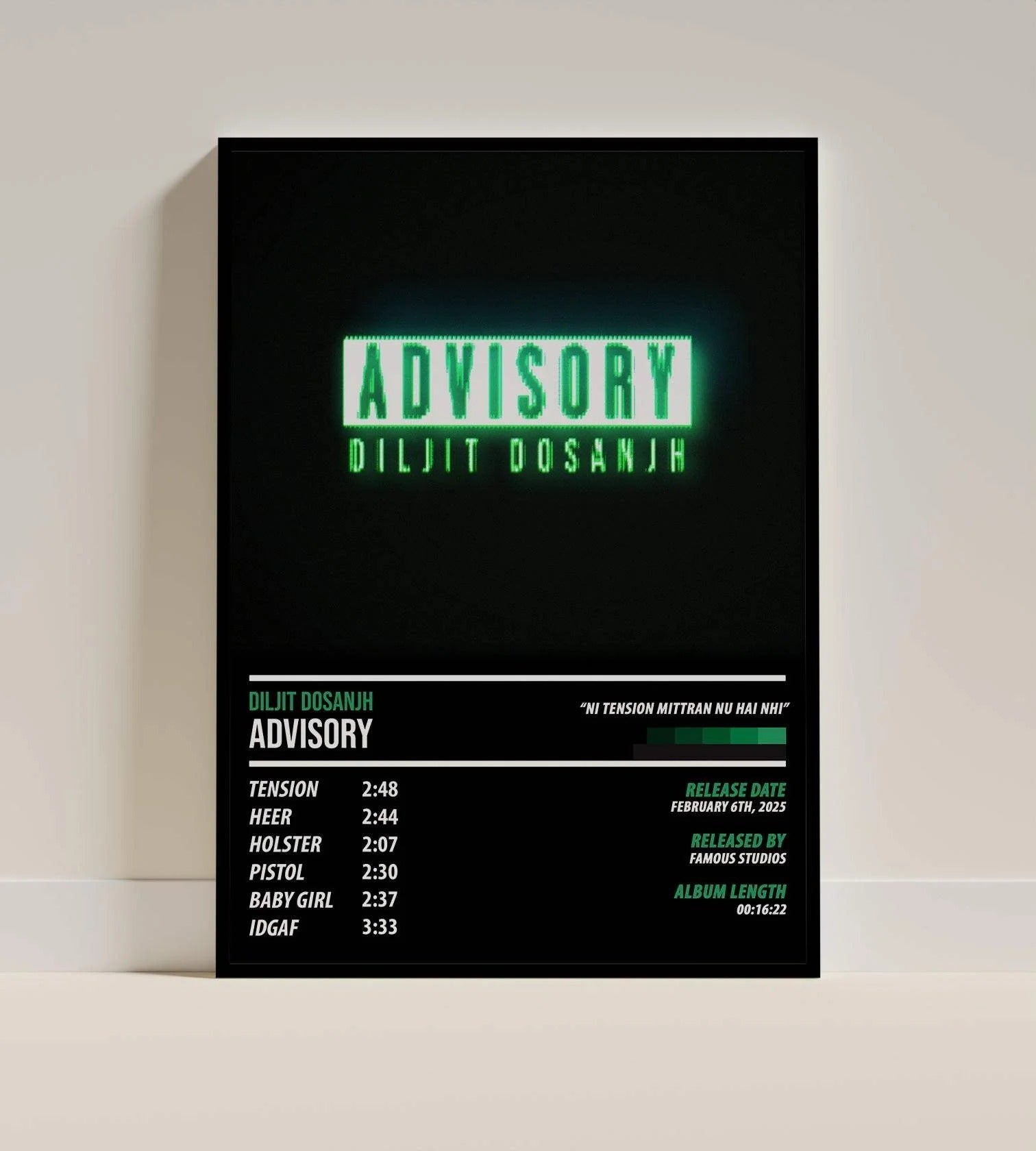 Diljit Dosanjh Advisory Tracklist Poster | Cyberpunk Neon Wall Art for Room